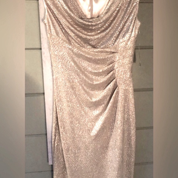 Lauren Ralph metallic white gold ruched & draped Neck Holiday Dress NEW RE$299 S - Picture 6 of 15